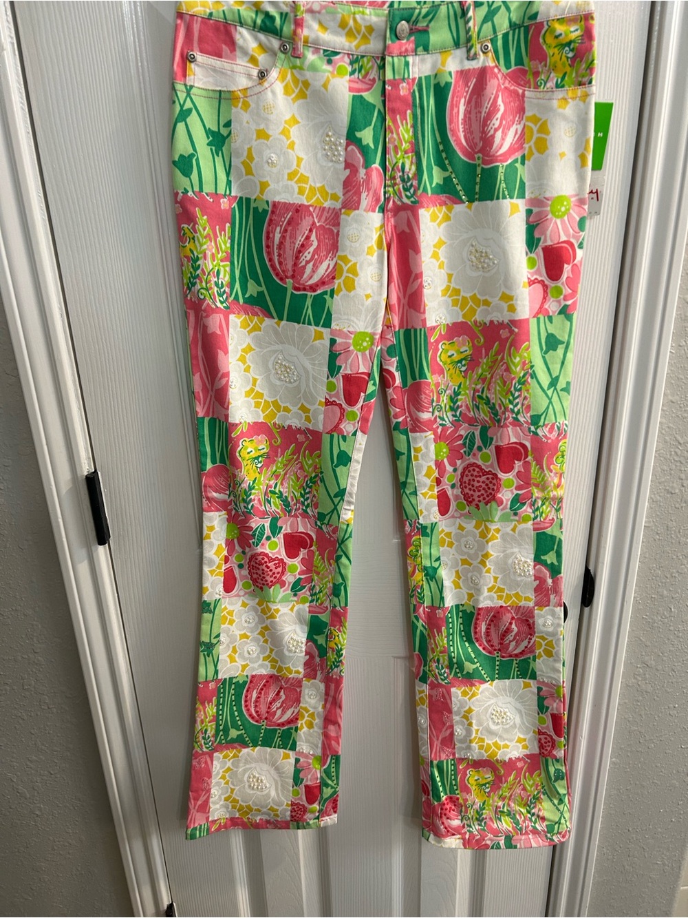 Vtg Lilly Pulitzer Patchwork Boot Cut Beads Rhinestones Pants NWT size 4